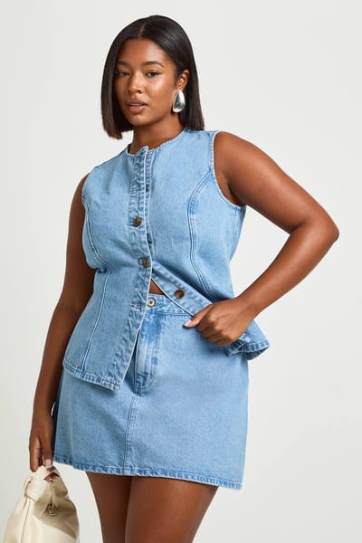 boohoo Dames Plus Denim Hoornknoop Mini Rok | Medium Gebleekt | Maat: 54