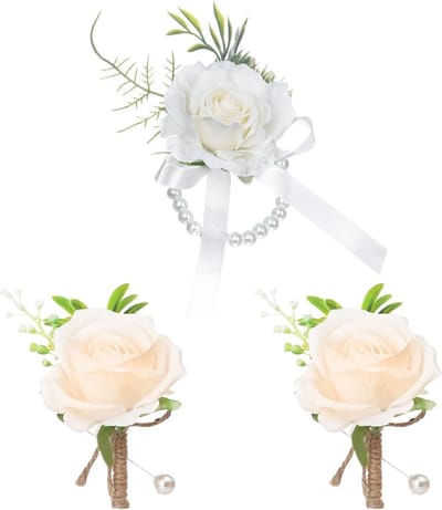 Decoratieve Corsage Polsbloem - Bruiloft Accessoires - Feestelijke Gelegenheden - Realistisch Zijden Bloem Ontwerp - 13x8 Cm - Champagne Wit