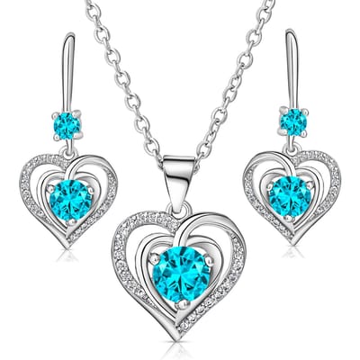 Juwelium Hart in Hart Ketting en Oorbellen Set Verstelbaar 41 tot 46 cm met Aqua Blauw Zirkonia Kristallen in Luxe Houten doos met LED en Pluche Teddybeer van 22 cm met "I Love You" Tekst – Perfect Cadeau voor Vrouw, Vriendin, Moeder, Dochter