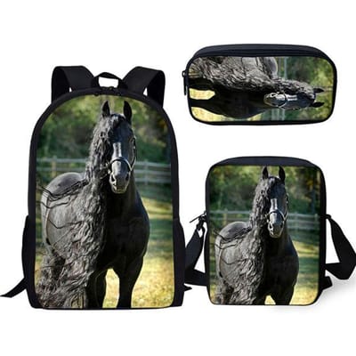 Cheval Noir Classique Magnifique Impression 3D Set de 3 pièces Sacs d'école pour élèves Sac à dos pour ordinateur portable Sac à dos Sac à bandoulière incliné Trousse à crayons