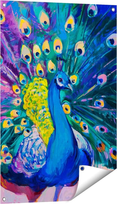 Gards Tuinposter Pauw met Kleurrijke Veren van Olieverf - Abstract - 60x90 cm - Tuindoek - Tuindecoratie - Wanddecoratie buiten - Tuinschilderij