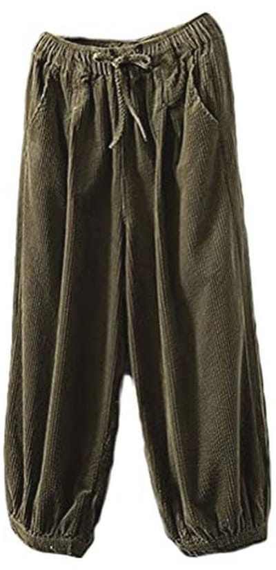 FTCayanz Corduroy broek voor dames, brede broek, elastische taille, katoen, koorden, harembroek, vrijetijdsbroek met zakken, legergroen, M