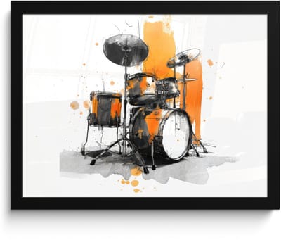 Poster in lijst - Fotolijst 40x30 cm - Posters - Drumstel - Oranje - Zwart - Aquarelverf - Posterlijst zwart - Decoratie - Wanddecoratie woonkamer - Muurdecoratie slaapkamer