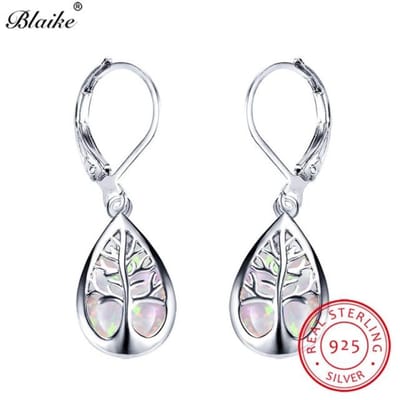 Boucles d'oreilles pendantes en argent sterling 925 Blaike avec opale de feu bleue/blanche et arbre de vie pour femmes, boucles d'oreilles de luxe en forme de goutte d'eau arc-en-ciel avec pierre de naissance gray