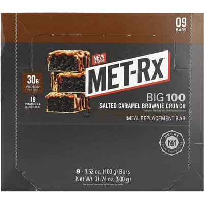 MET-Rx, Big 100, Barre de remplacement de repas, Croustillant Brownie Caramel Salé, 9 barres, 100 g (3,52 onces) chaque