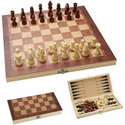 3in1 grand jeu d'échecs en bois pliant jeu de société dames Backgammon brouillons jouet beige