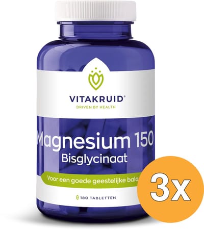 3x Vitakruid Magnesium 150 Bisglycinaat met 200mg L-Taurine (180 tabletten)