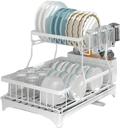 Afwasrek met Lepelhouder - Drogrek Keuken - Keuken Organiseren - 360 Graden Afvoer - 44x31x33 cm - Wit