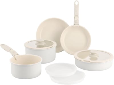 GreenChef Click Pannenset 11-delig – PFAS-vrije antikleeflaag – Pannenset inductie - Keramische pan - Ovenbestendig tot 200°C – Afneembare Handgreep - Met glazen deksel - Crème