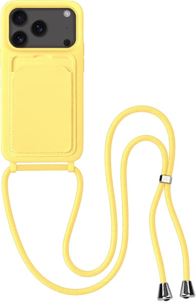 Hoes Geschikt voor iPhone 17 Pro / 18 Pro Hoesje Pas Houder Case Hoes Met Koord - Hoesje Geschikt voor iPhone 17 Pro / 18 Pro Hoes Met Telefoonkoord Pasjeshouder Cover - Geel