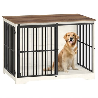 Hondenbench – Voor Binnen – Moderne Hondenbox met 2 Deuren, Versterkte Schuifdeur en Bijzettafel, Geschikt voor Honden tot 100 kg – Wit/Bruin