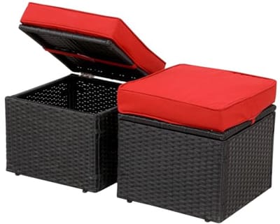 Opvallende Rode/Zwarte 16,5 Inch Rieten Ottomanen Set voor Buiten - 2-delige Voetensteunen met Waterdichte Kussens