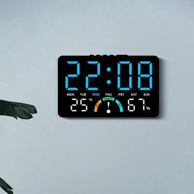 VHV - Digitale klok - LED wandklok met groot display - Tijd, dag, temperatuur en luchtvochtigheid - Voor woonkamer, kantoor en slaapkamer - Oranje weergave