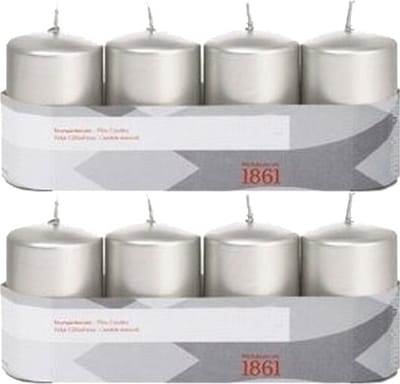 Trend Candles Cilinderkaarsen/stompkaarsen - set 8x - zilver - 5 x 8 cm - 18 branduren