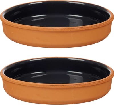 La Dehesa Tapas serveerschaal - 2x stuks - terracotta - zwart - D23 x H4 cm - hapjes serveren - ovenschaal - rond