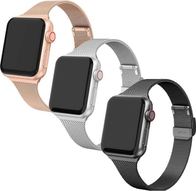 By Qubix - Geschikt voor Apple Watch bandje - 3 x Milanese slim fit bandje - Champagne goud + Zilver + Zwart - Geschikt voor Apple Watch 44mm / 45mm / 46mm / 49mm (Ultra 1,2 en 3) - iWatch milanees - smartwatchbandje