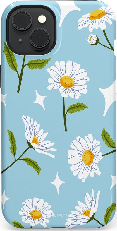 Casetastic hoesje geschikt voor Apple iPhone 15 Plus - MagSafe - Dubbellaagse bescherming - Margrietjes in de Wind - Fashion Case - Lichtblauw Wit Groen