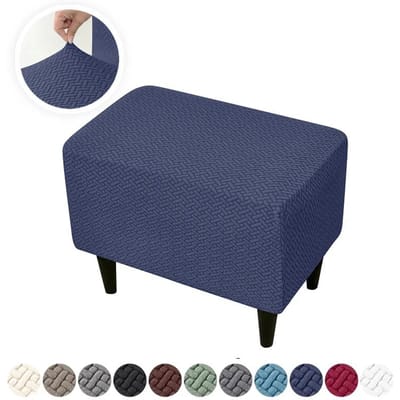 Jacquard Rechthoekige Ottoman Hoezen Stretch Duurzaam Voetenbank Slipcovers Elastisch All-inclusive voor Woonkamer Slaapkamer Poefhoes 1 piece blue