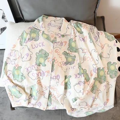 Dinosaure Vert Tenue d'Intérieur Dessin Animé Kawaii Adorable Femmes Sommeil Loisirs Automne Mis à Jour Loisirs Manches Longues Hauts Pantalon Long Ensemble Pyjama 2 Pièces XXL beige