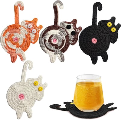 Onderzetters-onderzetters voor glazen-Onderzetters Leuke kattenontwerp onderzetters - Grappige gehaakte onderzetters - Waterabsorberende handgeweven drinkmat decoratie - Valentijnsdag cadeau voor vrouwen Drinkbeker antislip hittebestendig (4 stuks)