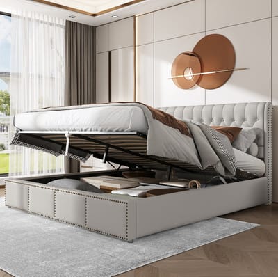MEUNIQ gestoffeerd tweepersoonsbed 180 x 200 cm met hydraulische opbergruimte, lattenbodem, hoog hoofdbord en nageldecoratie voor slaapkamer, grijs