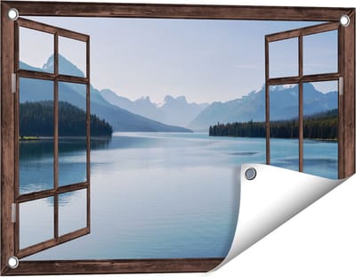 Gards Tuinposter Doorkijk Meer bij de Bergen in Alberta, Canada - 60x40 cm - Tuindoek - Tuindecoratie - Wanddecoratie buiten - Tuinschilderij
