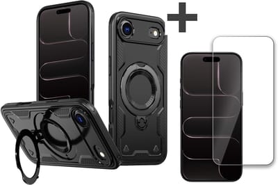 Hoesje Geschikt voor iPhone 17 Air met gehard glas Screenprotector - Armor hoes met Ringhouder - Arara backcover - Zwart