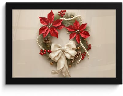 Poster in lijst - Fotolijst 30x20 cm - Posters - Deurkrans - Strik - Kerst - Rood - Groen - Posterlijst zwart - Decoratie - Wanddecoratie woonkamer - Muurdecoratie slaapkamer - Kerstversiering - Kerstdecoratie voor binnen - Kerstmis
