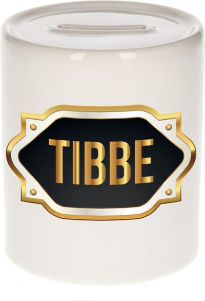 Spaarpot met voornaam Tibbe - wit - met goud/zwart embleem - 8 x 9 cm - keramiek - met afsluitdop - cadeau verjaardag