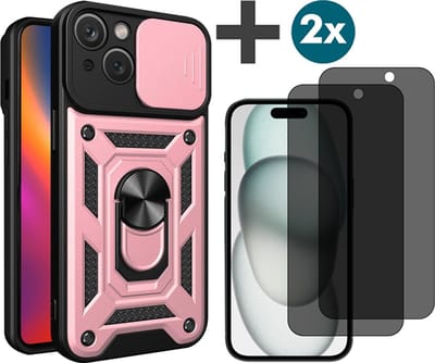Hoesje met Privacy screenprotectors 2 stuks Geschikt voor iPhone 15 met Ringhouder en Camera schuifje - Arara backcover - Rosegoud
