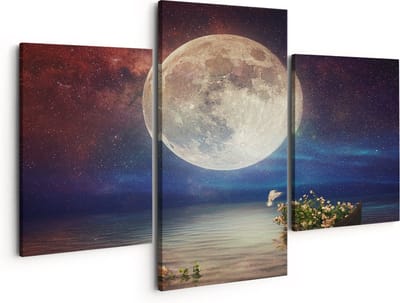 Artaza Canvas Schilderij Drieluik Volle Maan in de Hemel boven het Water - 150x120 - Groot - Foto Op Canvas - Canvas Print
