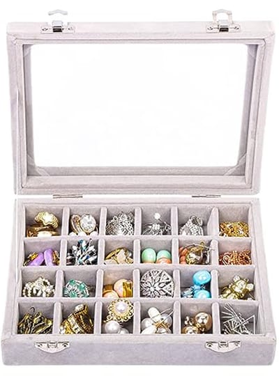 Velours Sieraden Ringenschaal met Glasdeksel - 24 Compartimenten - Organiser voor Ringen, Oorbellen en Armbanden