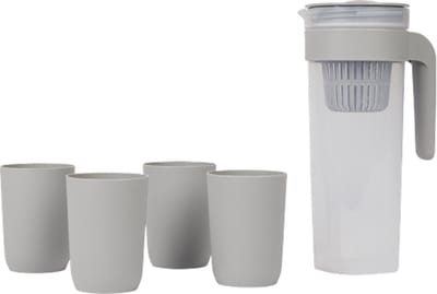 ROSALIE - Kunststof schenkkan met 4 drinkbekers - Tranparant / Grijs - Kan met filter - 1 liter - Slijt - en breekvast