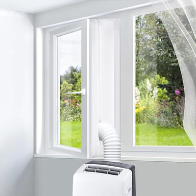 Raamafdichtingsset voor mobiele airconditioners – 4m verstelbare afdichtingsstrip – Bescherming tegen warme lucht en luchtuitwisseling, met ritssluiting en klittenbandbevestiging – Geschikt voor wasdrogers en mobiele airco's
