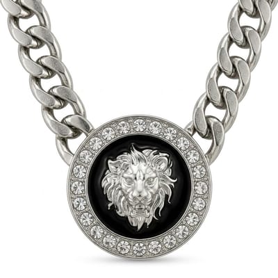 Zilverkleurige schakel ketting voor dames en heren met ronde hanger leeuw en strass