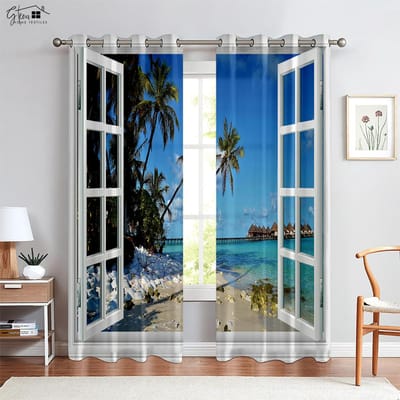3D Geprinte Gordijnen Ideaal voor Zeezicht Lucht Mediterrane Stijl Gordijnen Geschikt Voor Slaapkamer Familiekamer Gastenkamer Decoratieve Gordijnen W50xH130(CM)x2PCS&Rod pocket