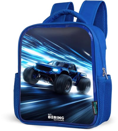 NoBoringSuitcases.com® - Rugzak blauw - Schooltas jongens - Monstertruck raast door lichtsnelheid - Kinder rugtas jongen - Boekentas kind - Kinderrugzak voor school - Schoolrugzak