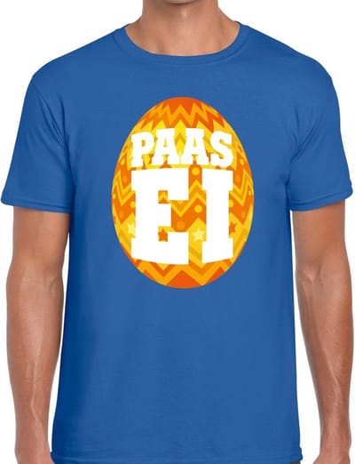 Blauw Paas t-shirt met oranje paasei - Pasen shirt voor heren - Pasen kleding S