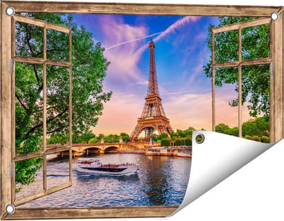 Gards Tuinposter Doorkijk Eiffeltoren in Parijs aan het Water - Kleur - 60x40 cm - Tuindoek - Tuindecoratie - Wanddecoratie buiten - Tuinschilderij