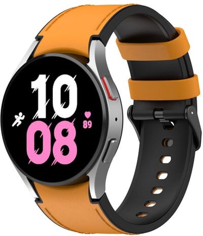 By Qubix - leer + siliconen bandje 20mm - Maat: small - Oker - Geschikt voor Samsung Galaxy Watch 7 (40 & 44mm) - Galaxy Watch FE - Galaxy Watch 6 - Galaxy Watch 6 Pro - Galaxy Watch 5 - 5 Pro - Galaxy Watch 4 - 4 Classic