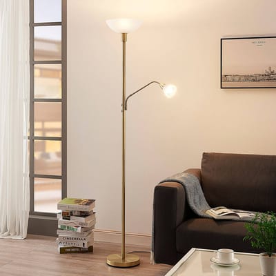Lindby - vloerlamp - 2lichts - Metaal, polycarbonaat - H: 180 cm - E27 - mat messing, mat wit