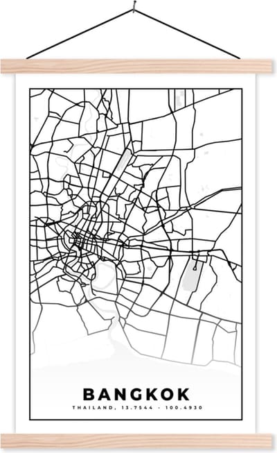 Posterhanger incl. Poster 40x60 cm - Schoolplaat - Bangkok - Zwart Wit - Plattegrond - Stadskaart - Kaart - Textielposter - Blanke latten - Stadskaart