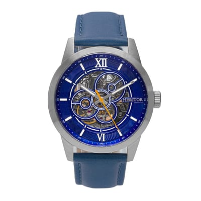 Heritor Automatic Jonas leren band skelethorloge - zilver/blauw