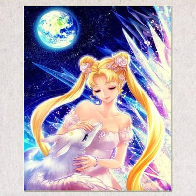 Peinture Diamant 5D DIY Dessin Animé Fille Lune Peinture Strass Broderie Diamant Rond Complet 20X30CM blue