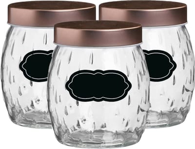 Voorraadpot/bewaarpot Beau - 6x - 1L - glas - koperen deksel - incl. etiketten