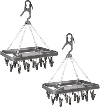 5Five Droogcarrousel/droogmolen met 26 knijpers - Set van 2x stuks - 39,5 x 41,5 cm - donkergrijs - kunststof - Droogrekje