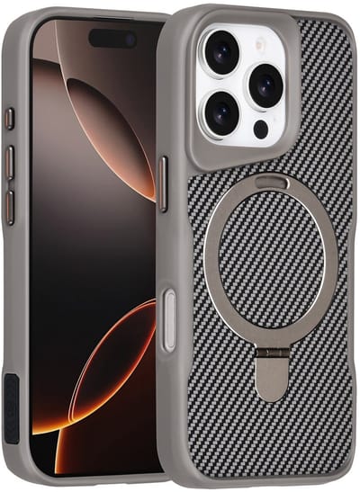 TUNIQ Back cover voor iPhone 16 Pro - MagSafe met Ring Stand - Carbon Fiber - Zilver