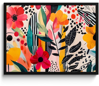 Poster in lijst - Fotolijst 70x50 cm - Posters - Bloemen - Bladeren - Abstract - Kleurrijk - Posterlijst zwart - Decoratie - Wanddecoratie woonkamer - Muurdecoratie slaapkamer