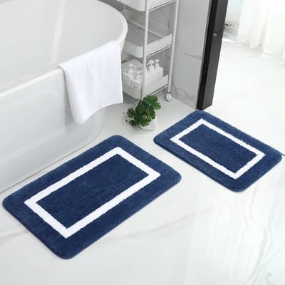 Badmat Zachte Microfiber Flauwige Badmat Badvoorlegger Set 2-delig – 40 x 60 cm + 50 x 76 cm, Marine Blauw