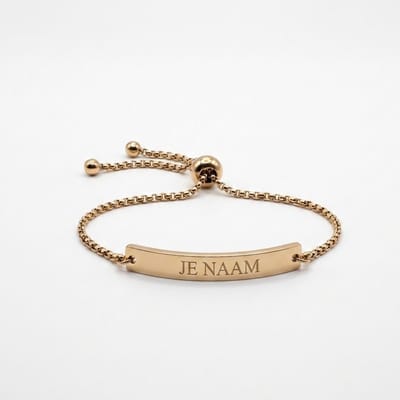 Armband met graveer, Armband met naam, Verstelbare armband met gravure goudkleurig - gebogen rechthoekige graveerplaat - gepersonaliseerd, Armband met naamplaatje ,graveerarmband